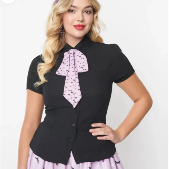 Kou Kou x Unique Vintage Black & Purple Kou Kou Bat Print Bow Blouse L #0085 - Picture 3 of 10